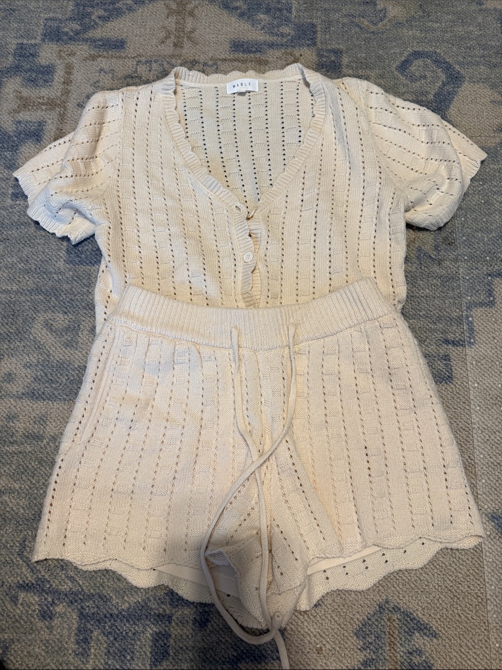 Cream Knit Two-Piece Set - Button Cardigan & Drawstring Shorts
